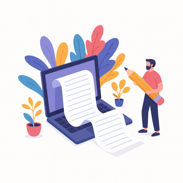 Illustration: person holding a giant pencil beside a laptop; a long scrolling document emerges from the screen; decorative plants around