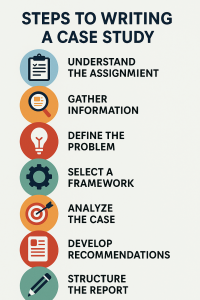 Infographic listing eight steps to writing a case study: understand the assignment, gather information, define the problem, select a framework, analyze the case, develop recommendations, structure the report.